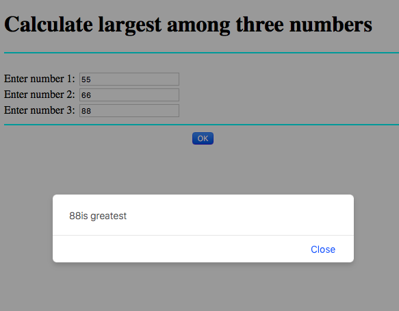 JavaScript code to find largest of three numbers
