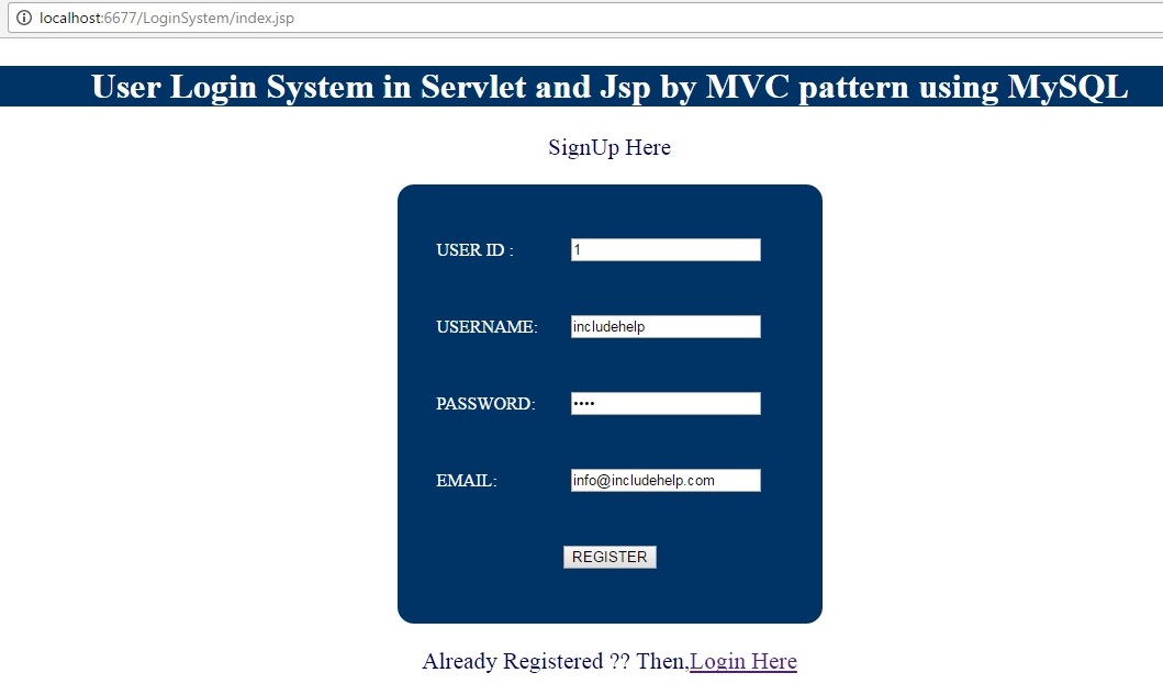 User Login System in Servlet and JSP by MVC pattern using MySQL