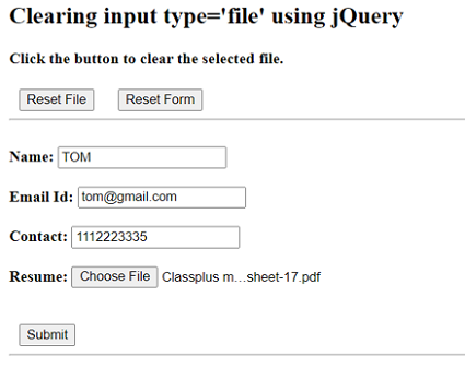 Example 1: Clearing <input type='file' /> using jQuery