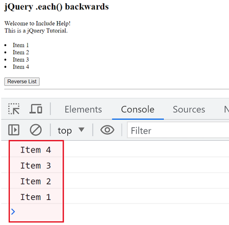 Example (1) | JQuery .each() backwards