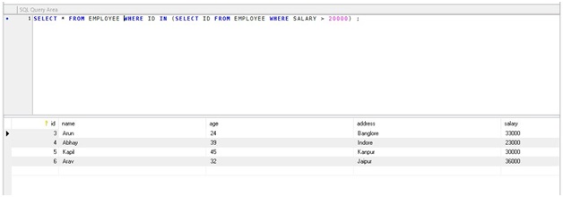 SQL Sub Query Example Output 1