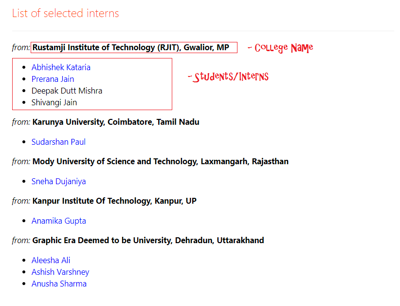 Internship page | selected interns lits