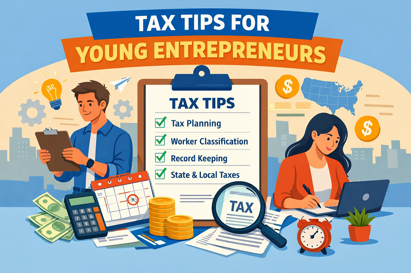 Tax tips for young entrepreneurs showing planning, worker classification, record keeping, and compliance checklist