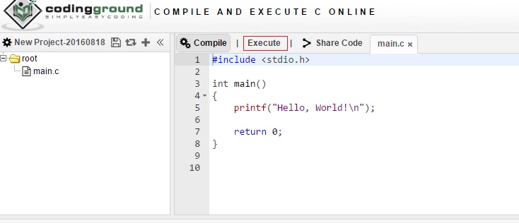 How to run C program in online compiler (w3schools compiler)