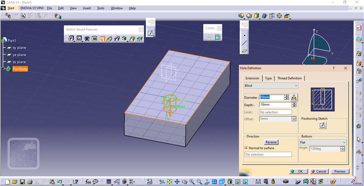 Catia | Hole in a Cuboid (step 2)