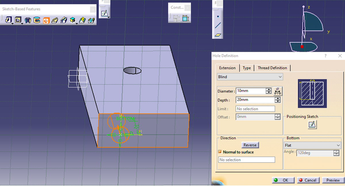 Catia | Hole in a Cuboid (step 5)