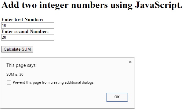 add two numbers using javascript