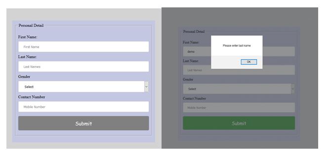 Form validation using JavaScript