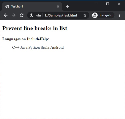 prevent line breaks in the list of items using CSS