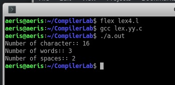 LEX Code to count and print the number of total characters, words, white spaces - Output