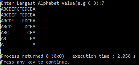 C++ program to print reverse triangle bridge pattern for characters