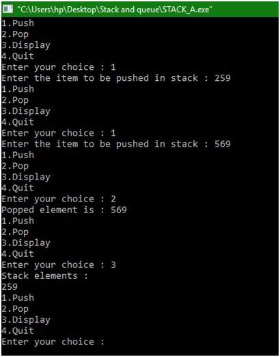 stack implementation output using Array in C