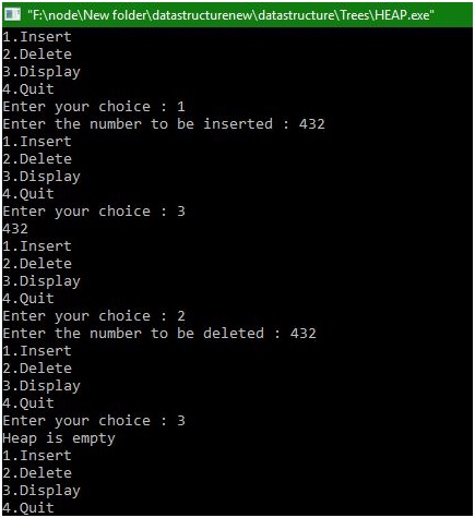 heap insert and delete using c program - output