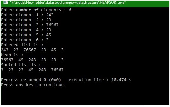 Output- Heap sort in DS using C program