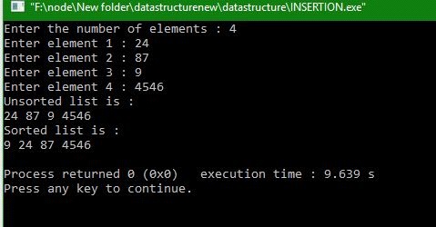 insertion sort using c - output