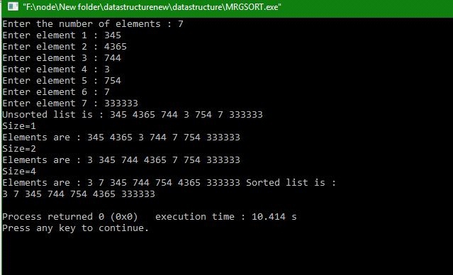 Output - Merge Sort Implementation using C program