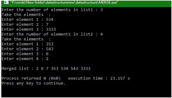 Output - Merge two sorted array in DS using C program