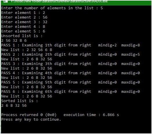Output - Radix sort in DS using C program