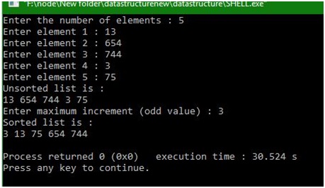 Shell sort in c - output