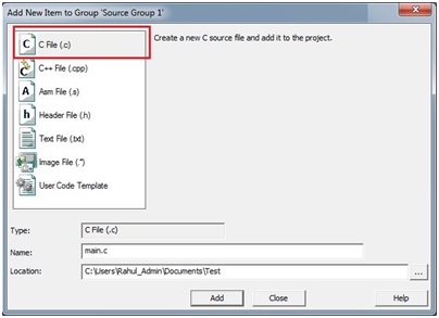 8051 Microcontroller using Keil µVision IDE - add new c file