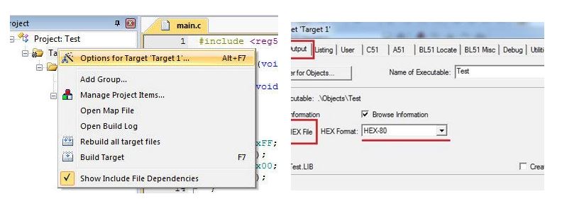 8051 Microcontroller using Keil µVision IDE - generate hex file