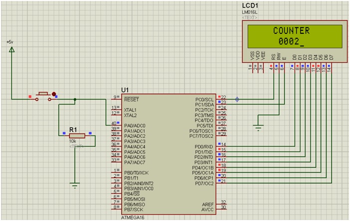 Simulation of Create counter using an 8-bits LCD | AVR