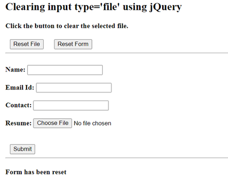 Example 2: Clearing <input type='file' /> using jQuery