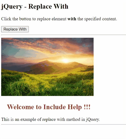 Example 1: jQuery replaceWith() Method