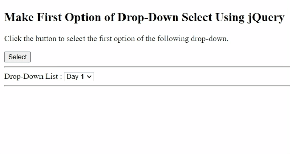 Example: Select the first option of the given drop-down menu using jQuery