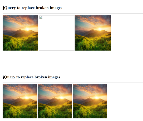 Example 1: jQuery to replace broken images