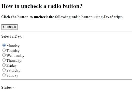 Example 1: How to uncheck a radio button using JavaScript and jQuery?