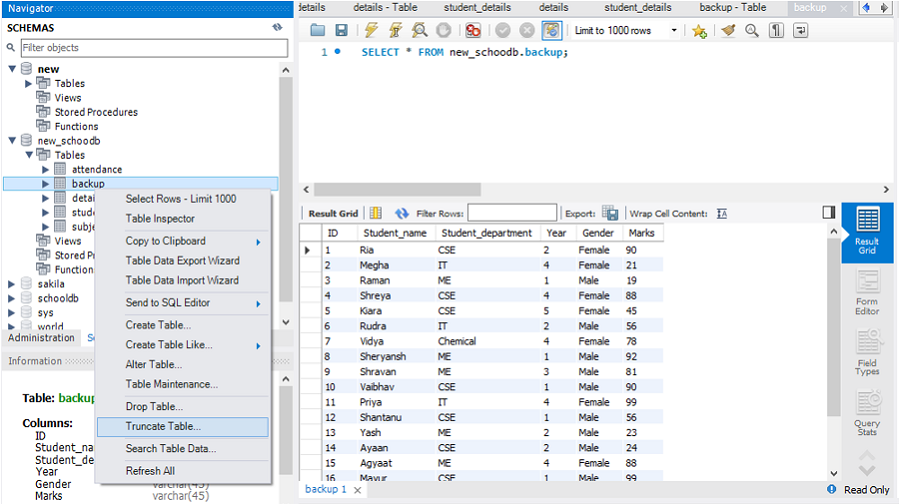 truncate table statement step 5