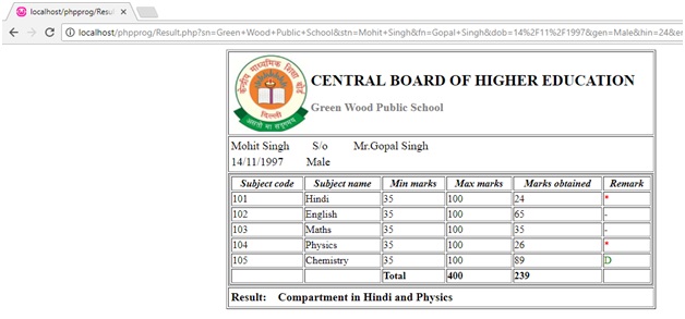 PHP project output- Student Result Management System