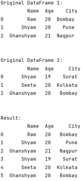 Example: Appending two dataframes with same columns, different order