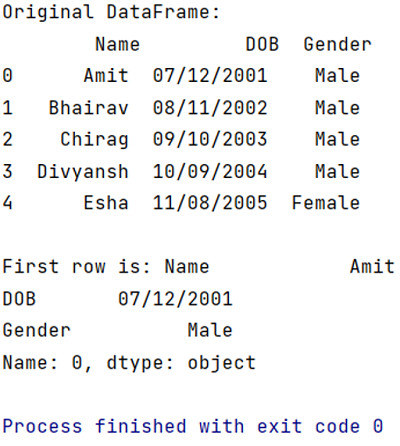 Output | Get first row value of a given column