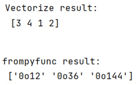 Example: Difference between numpy.frompyfunc() and numpy.vectorize() functions