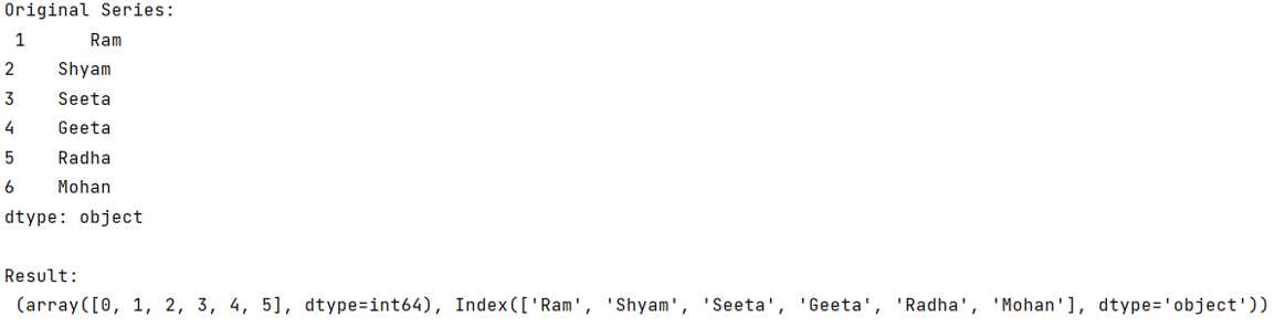 Pandas factorize() Method Example Output