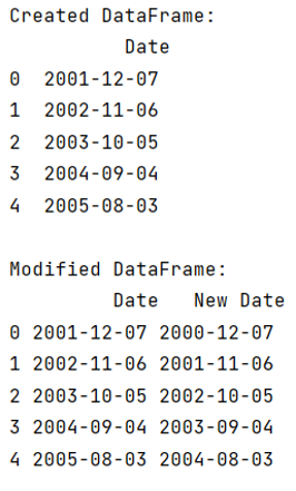 Example: Subtract a year from a datetime column